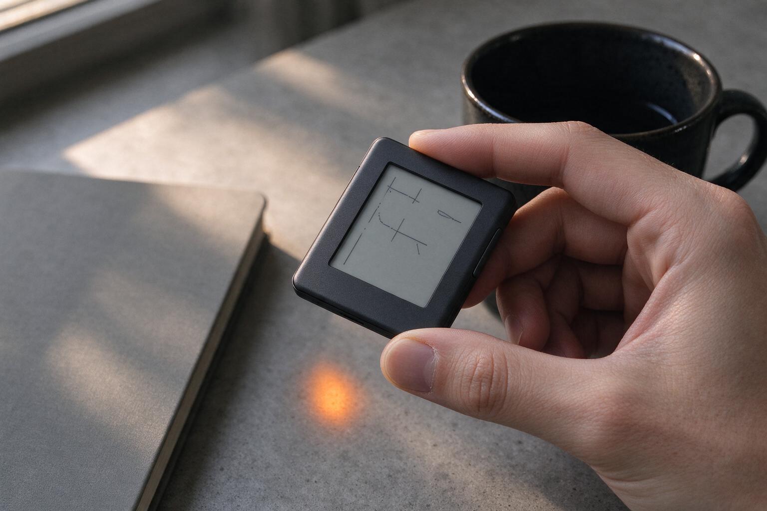 A hand holding a matte black hardware wallet at a quiet desk in late-afternoon light.