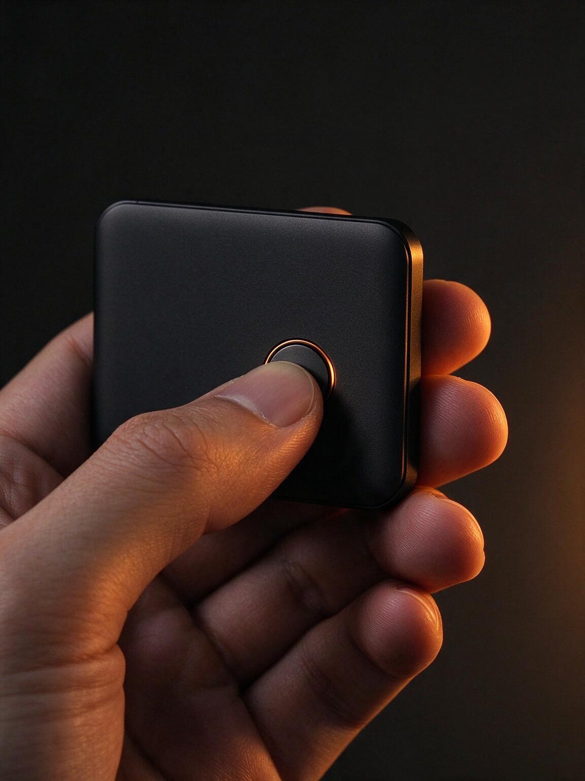 A thumb pressing the button on a matte black hardware wallet.